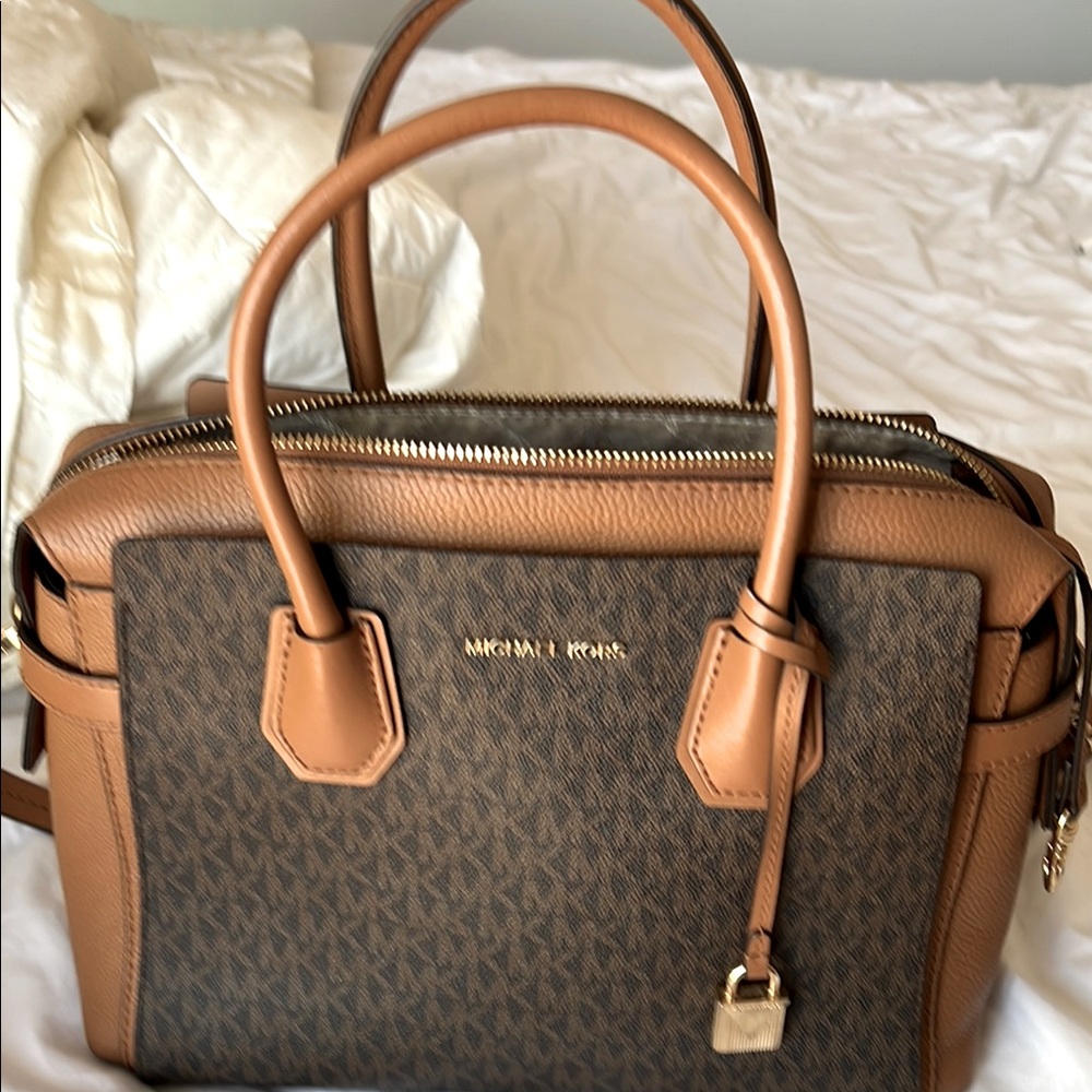 Michael Kors Brown and Tan Satchel with Gold Hardware